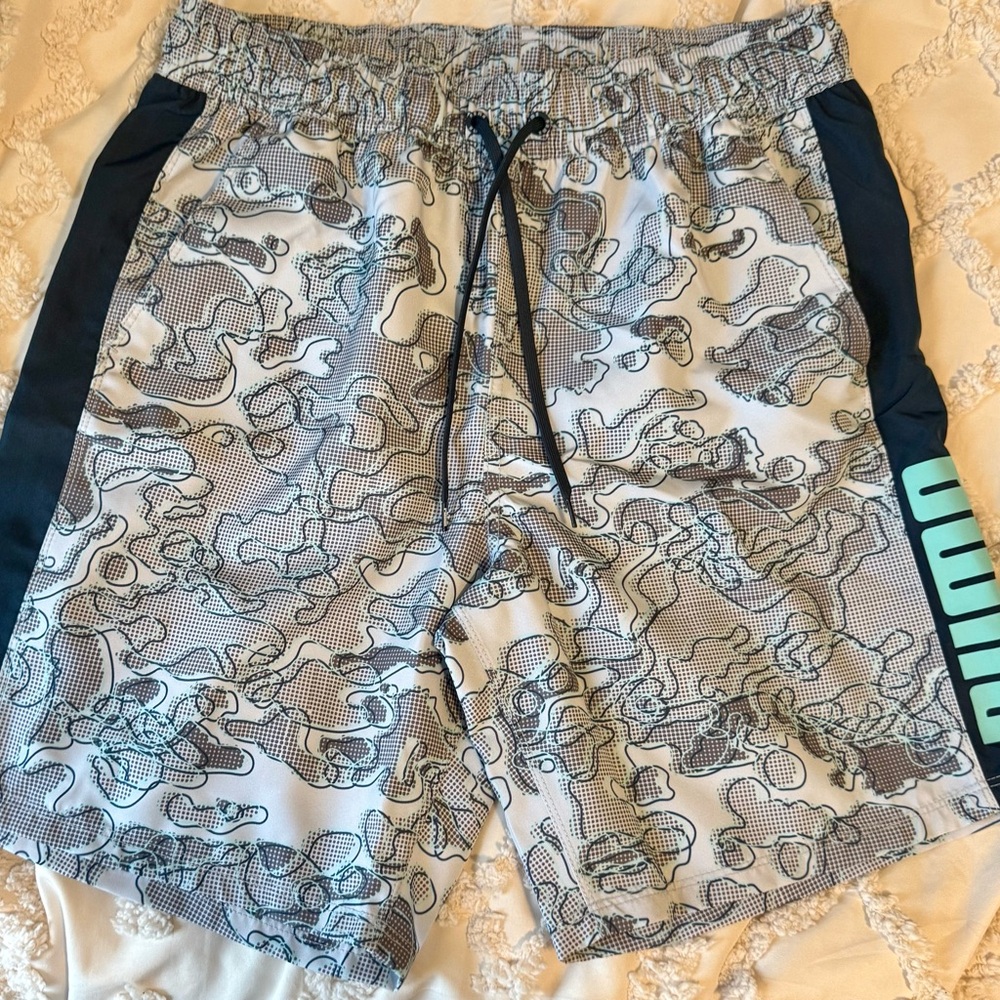 Puma Men's Camo Swim Shorts in White and Gray and Navy